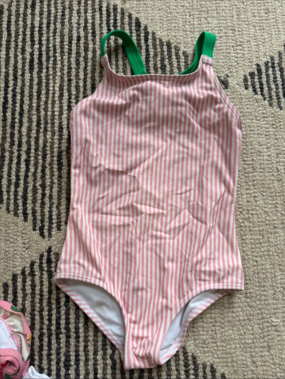 Boden Pink Stripe One-Piece Swimsuit with Green Straps